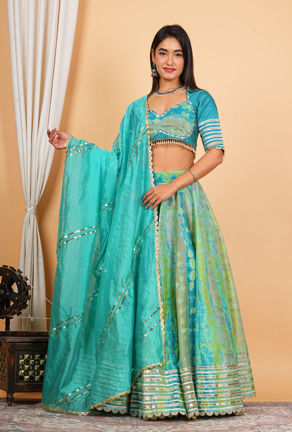 Turquoise Digital Printed, Embroidered & Lace Work Chanderi Lehenga Set