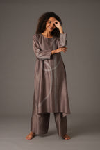 Greige Round Neck Embroidery Dress With pant & Scraff