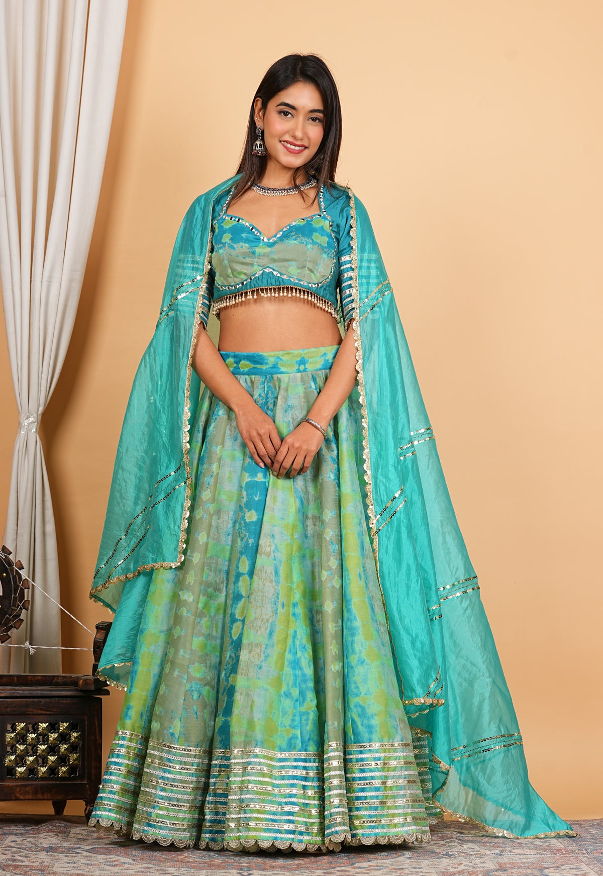 Turquoise Digital Printed, Embroidered & Lace Work Chanderi Lehenga Set