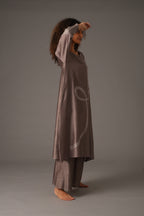 Greige Round Neck Embroidery Dress With pant & Scraff