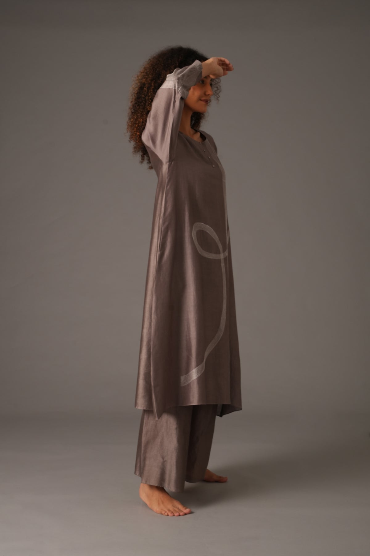 Greige Round Neck Embroidery Dress With pant & Scraff