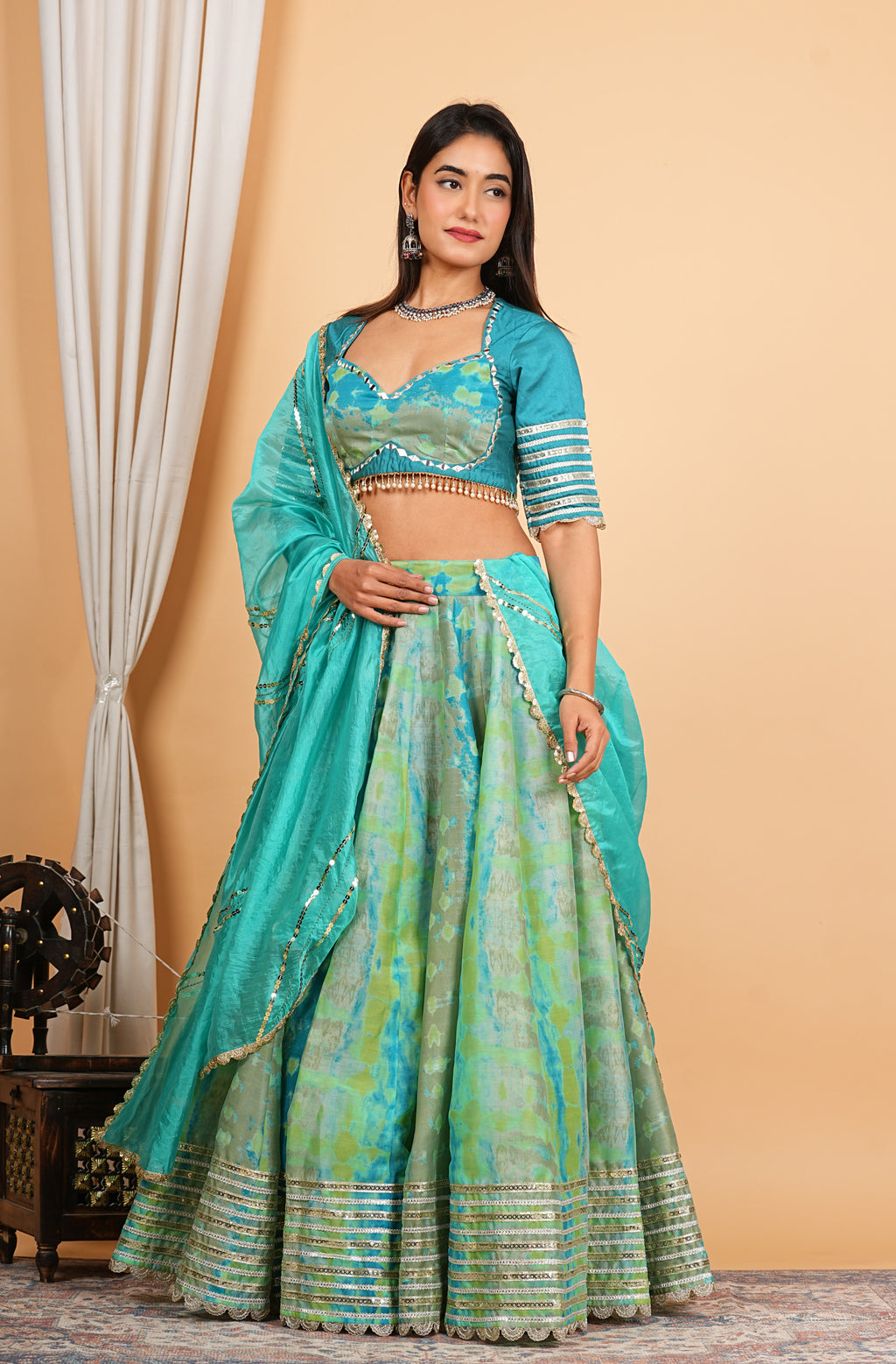 Turquoise Digital Printed, Embroidered & Lace Work Chanderi Lehenga Set