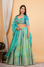 Turquoise Digital Printed, Embroidered & Lace Work Chanderi Lehenga Set