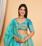 Turquoise Digital Printed, Embroidered & Lace Work Chanderi Lehenga Set
