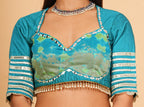 Turquoise Digital Printed, Embroidered & Lace Work Chanderi Lehenga Set