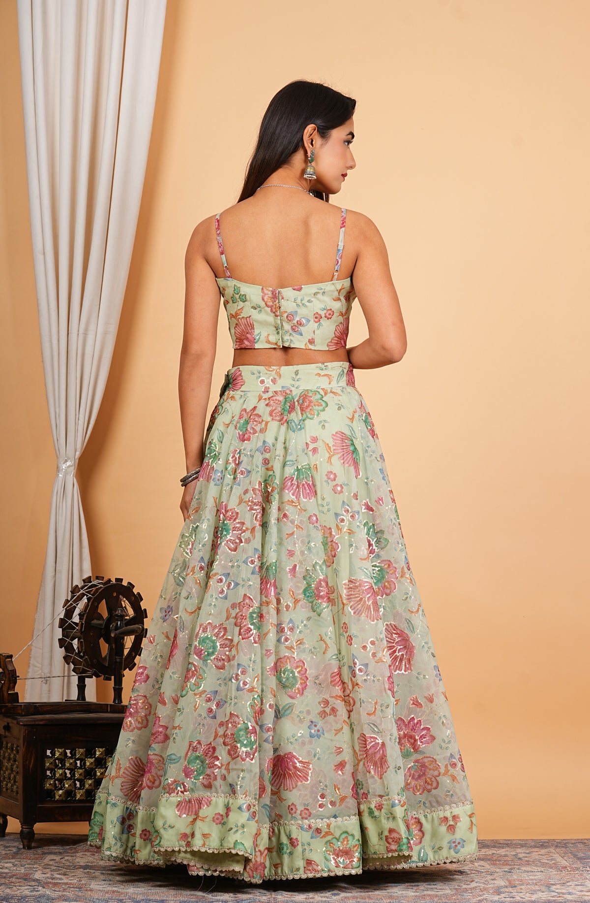 Green Digital Printed, Sequins & Lace Work Organza Lehenga Set