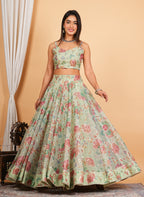 Green Digital Printed, Sequins & Lace Work Organza Lehenga Set