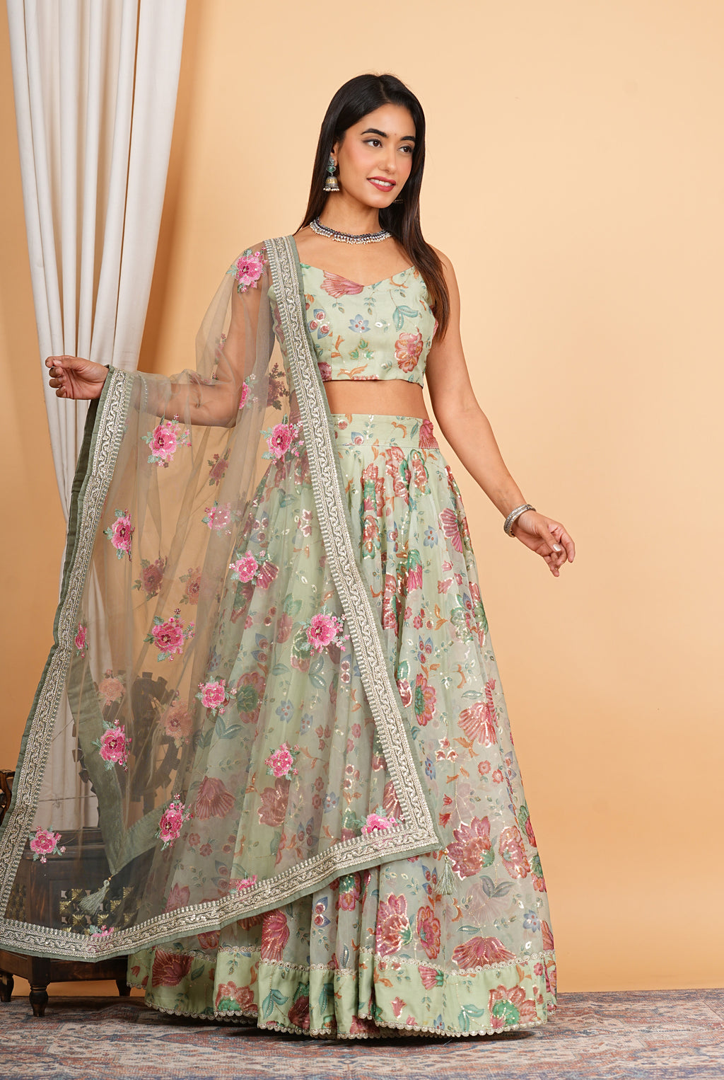 Green Digital Printed, Sequins & Lace Work Organza Lehenga Set