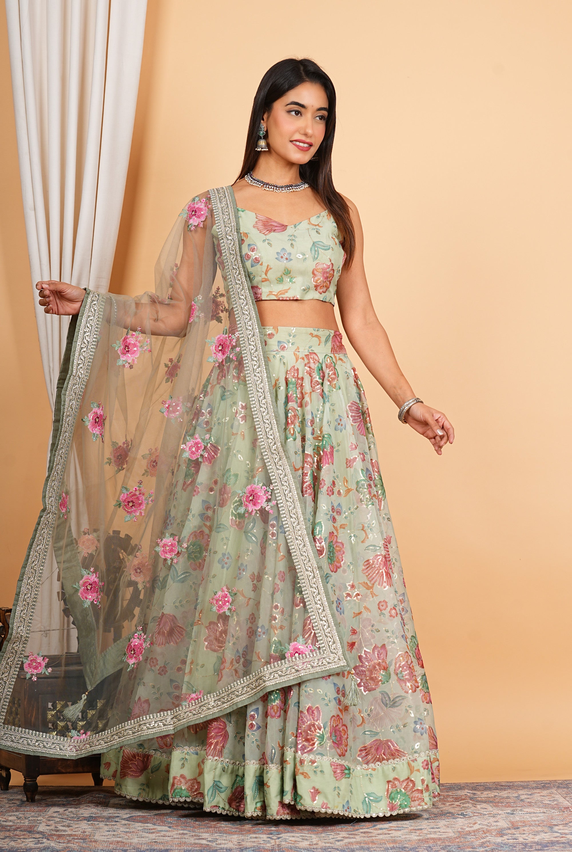 Green Digital Printed, Sequins & Lace Work Organza Lehenga Set