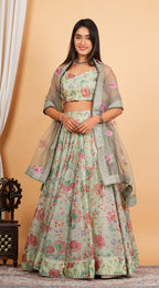 Green Digital Printed, Sequins & Lace Work Organza Lehenga Set