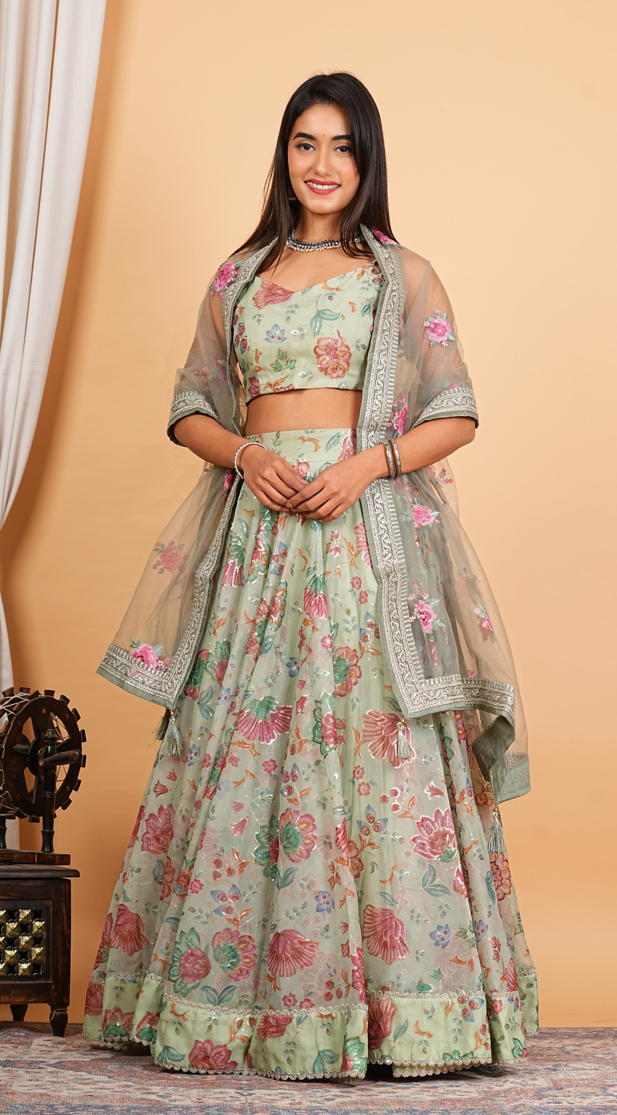 Green Digital Printed, Sequins & Lace Work Organza Lehenga Set