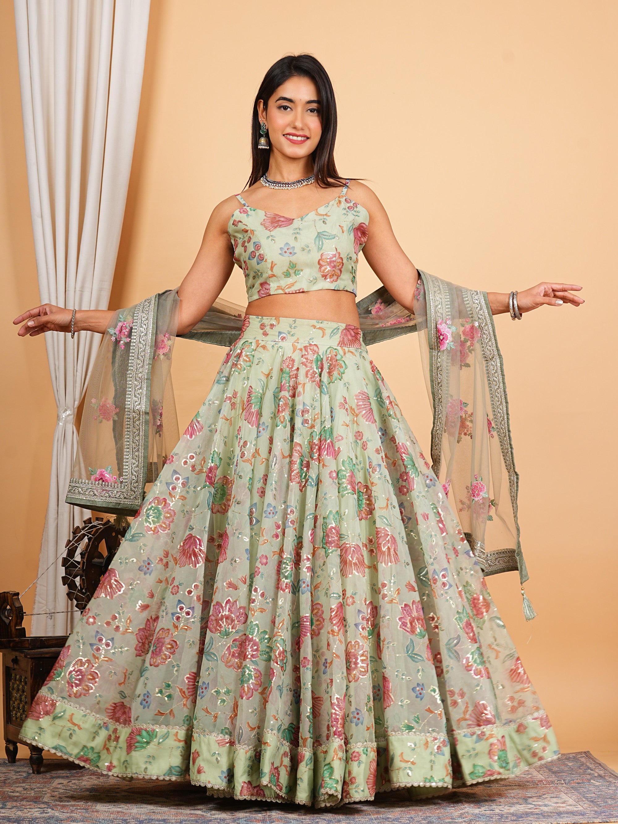 Green Digital Printed, Sequins & Lace Work Organza Lehenga Set