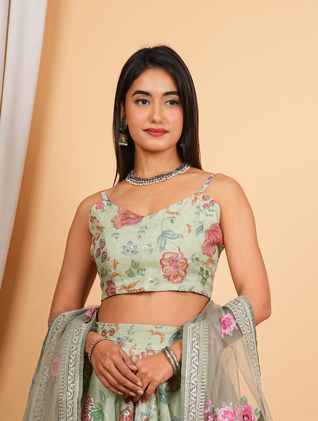 Green Digital Printed, Sequins & Lace Work Organza Lehenga Set