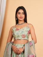 Green Digital Printed, Sequins & Lace Work Organza Lehenga Set
