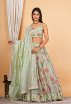 Green Digital Printed, Sequins & Lace Work Organza Lehenga Set