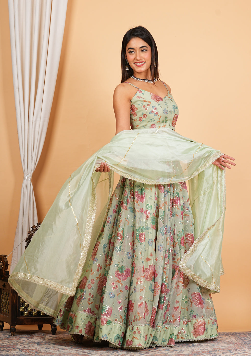 Green Digital Printed, Sequins & Lace Work Organza Lehenga Set
