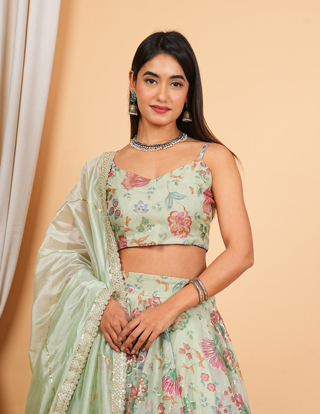 Green Digital Printed, Sequins & Lace Work Organza Lehenga Set
