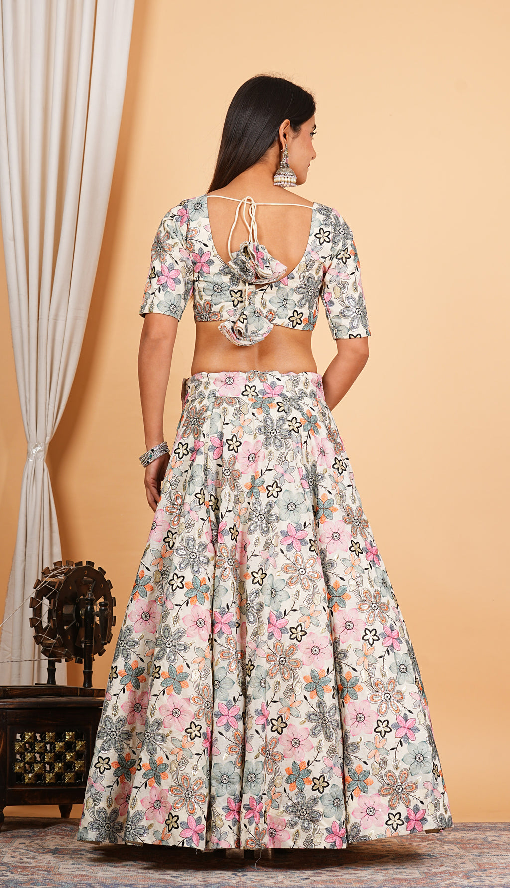White Multi Thread Embroidered Work Cotton Lehenga Set