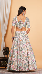 White Multi Thread Embroidered Work Cotton Lehenga Set