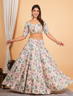 White Multi Thread Embroidered Work Cotton Lehenga Set