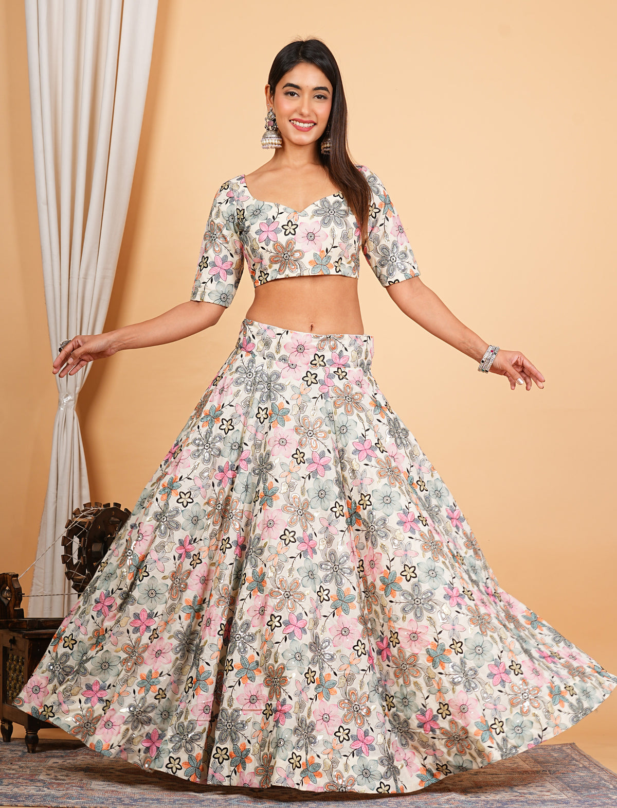 White Multi Thread Embroidered Work Cotton Lehenga Set