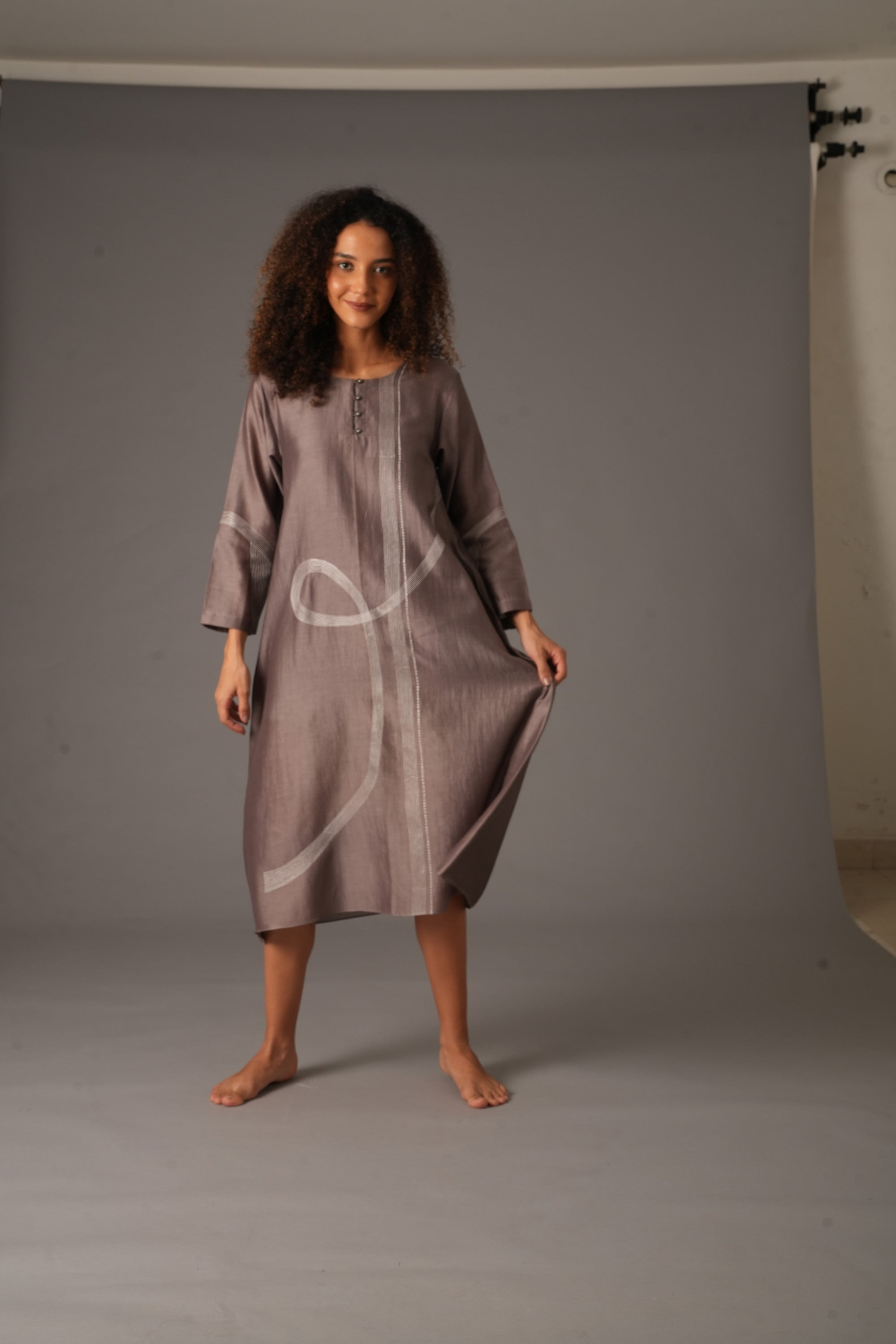 Greige Round Neck Embroidery Dress