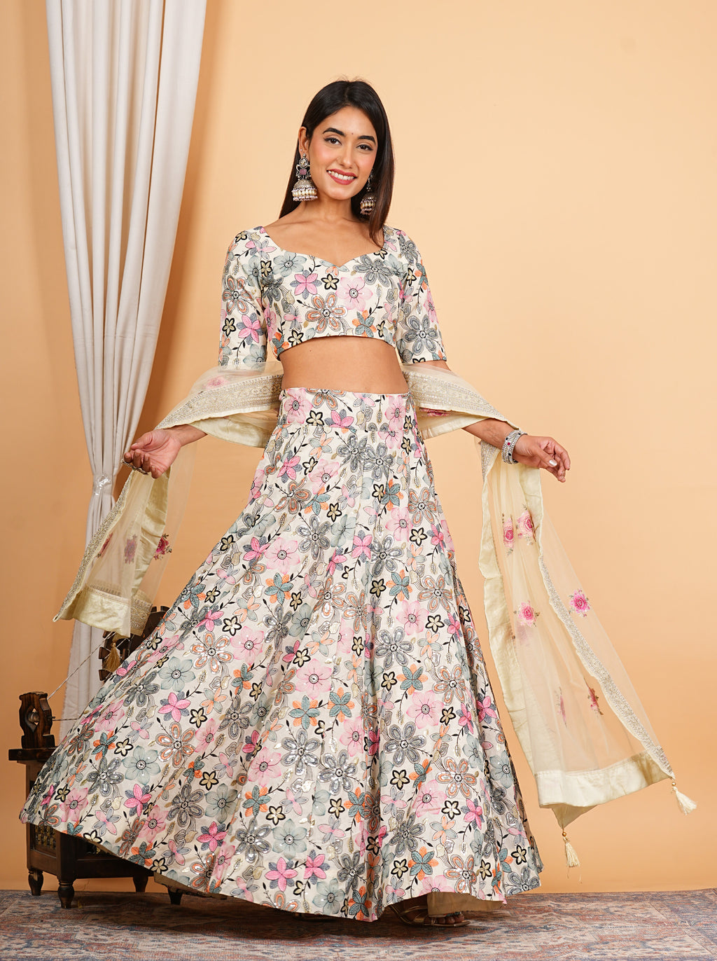 White Multi Thread Embroidered Work Cotton Lehenga Set