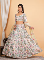 White Multi Thread Embroidered Work Cotton Lehenga Set