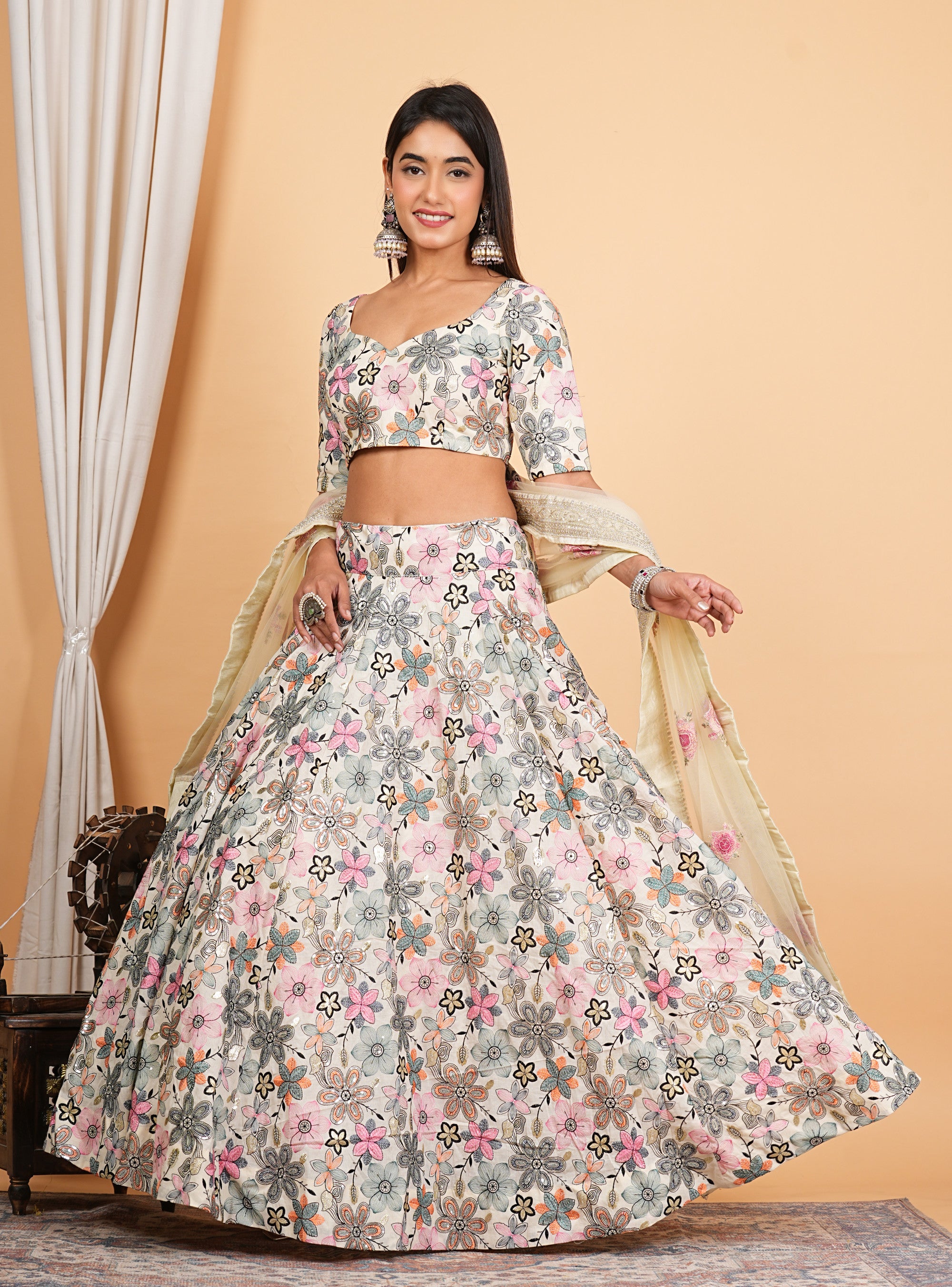 White Multi Thread Embroidered Work Cotton Lehenga Set