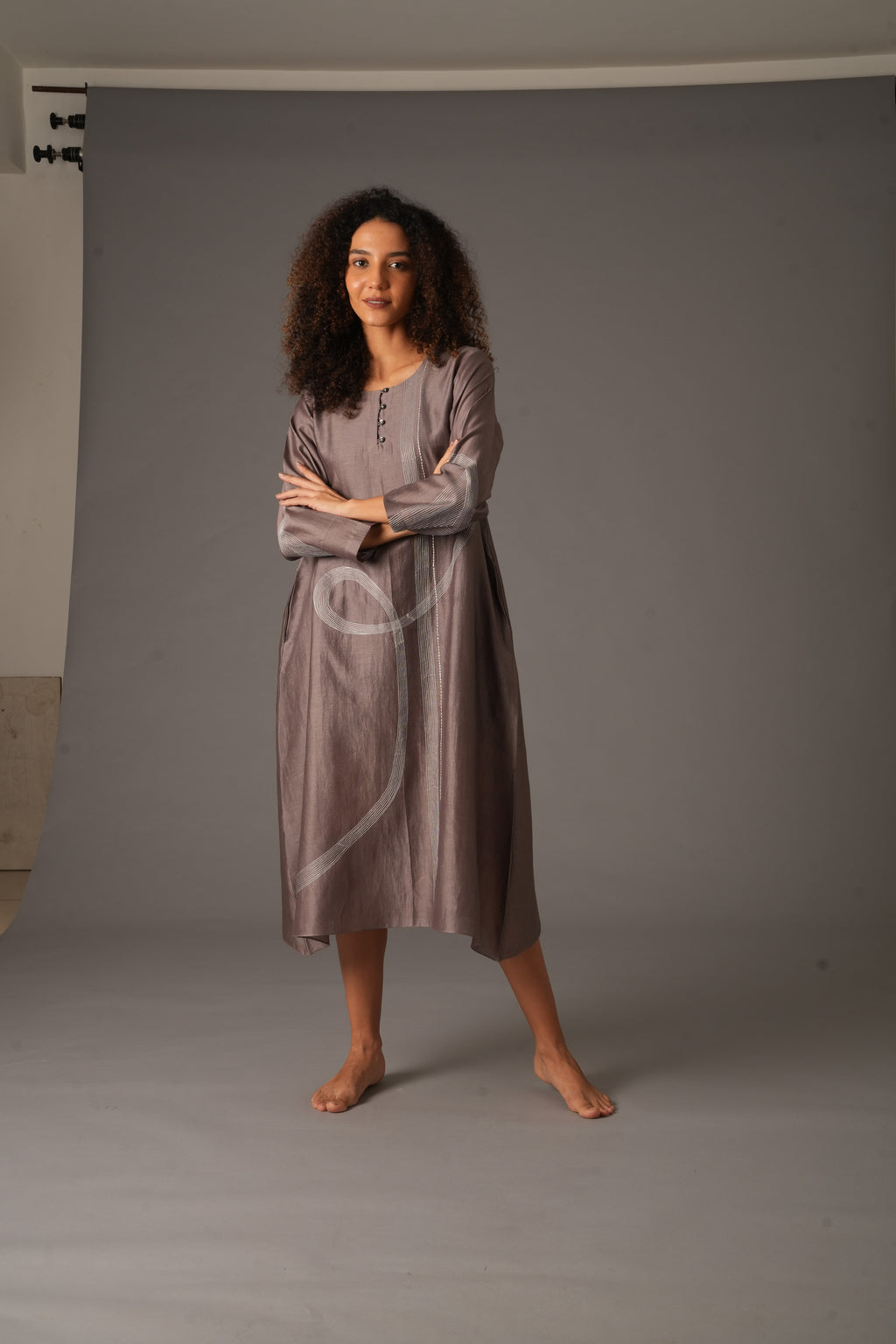 Greige Round Neck Embroidery Dress