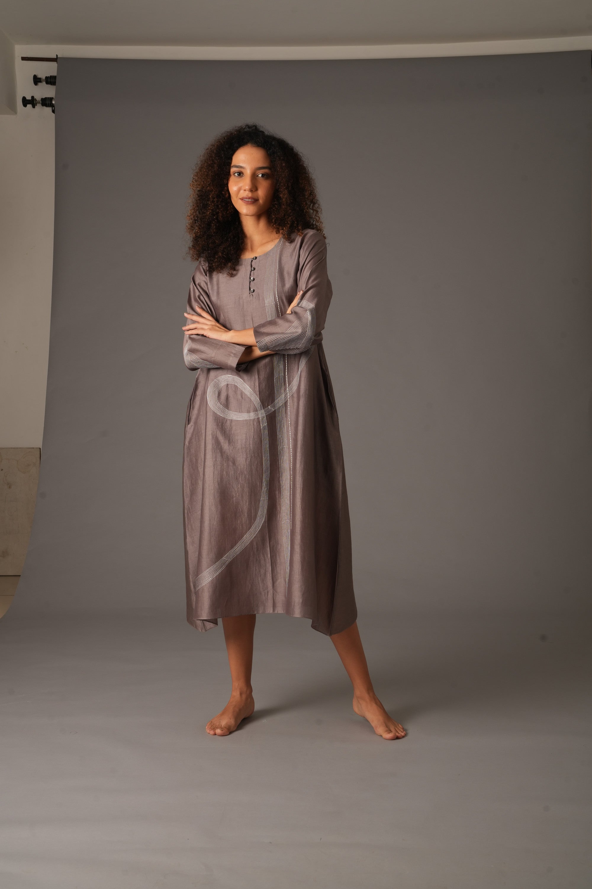 Greige Round Neck Embroidery Dress