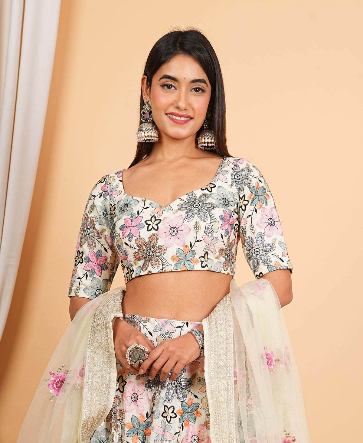 White Multi Thread Embroidered Work Cotton Lehenga Set