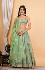 Green Digital Printed, Sequins Embroidery Work Organza Lehenga Set