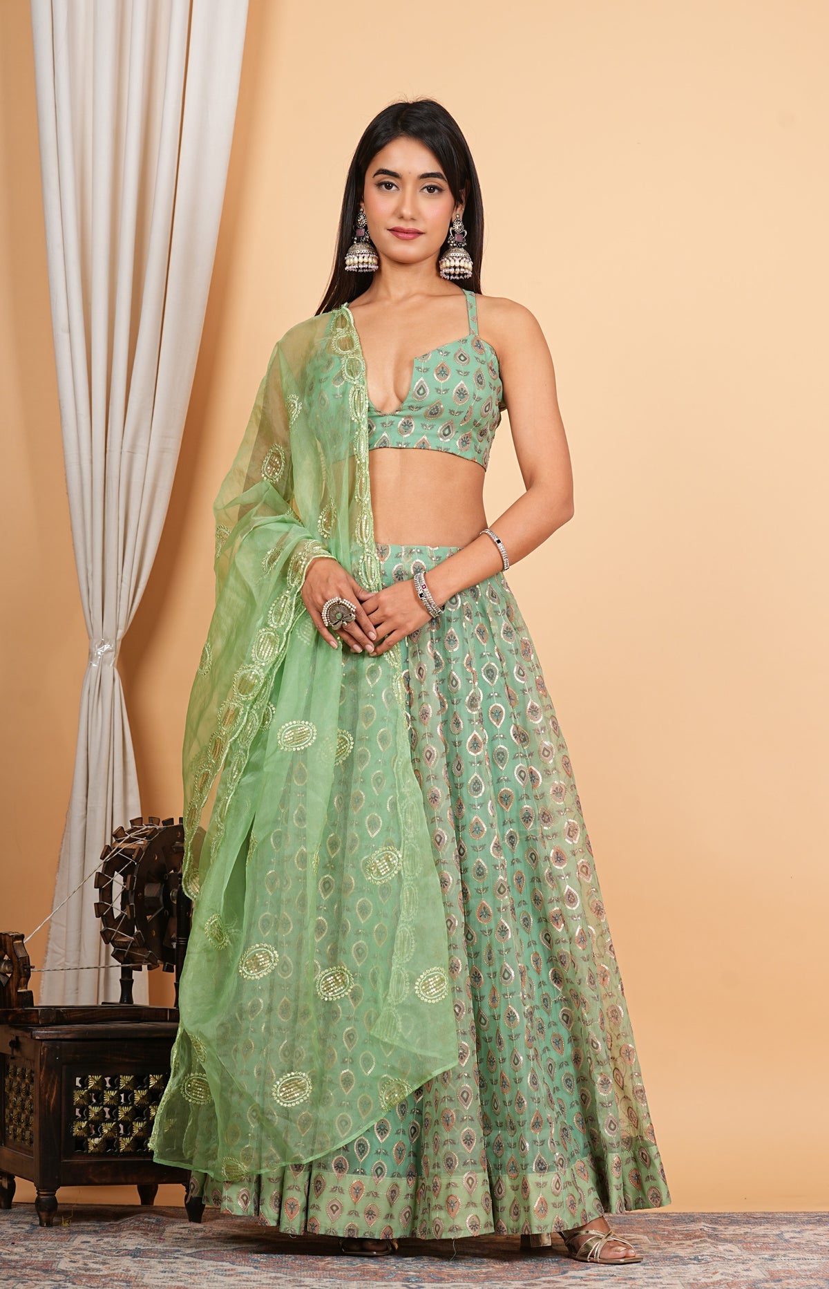 Green Digital Printed, Sequins Embroidery Work Organza Lehenga Set