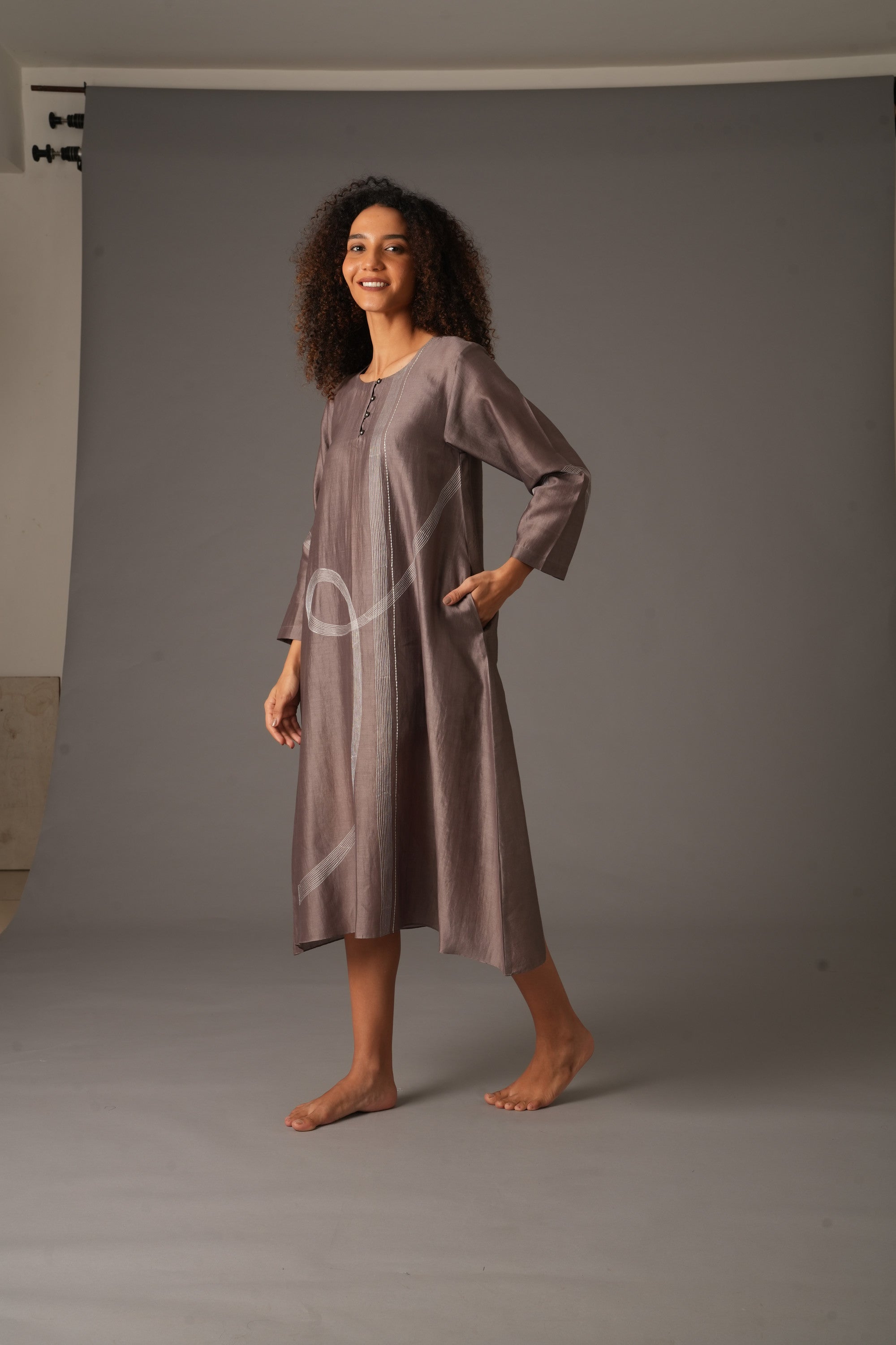 Greige Round Neck Embroidery Dress