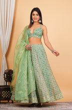 Green Digital Printed, Sequins Embroidery Work Organza Lehenga Set