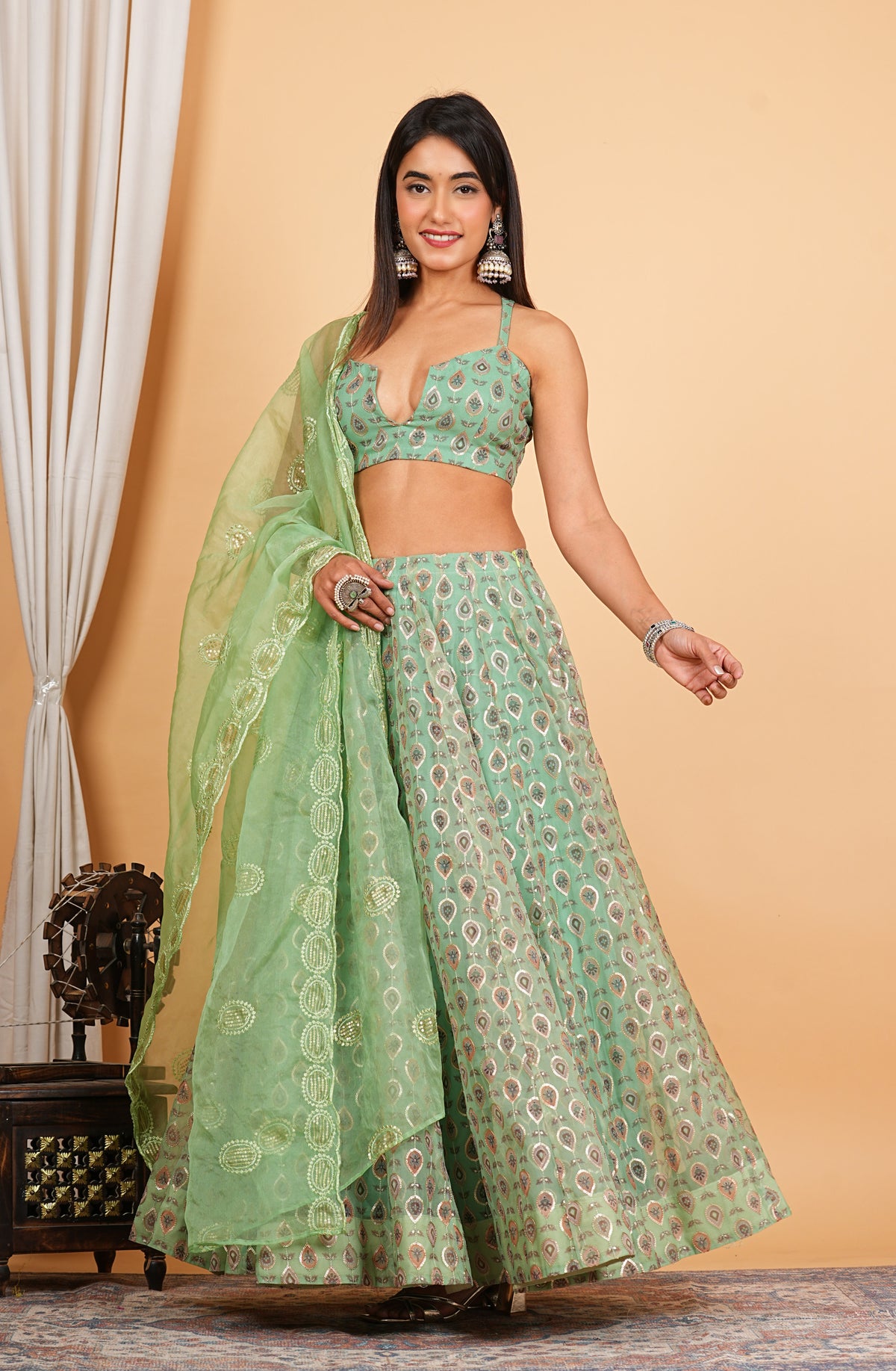 Green Digital Printed, Sequins Embroidery Work Organza Lehenga Set
