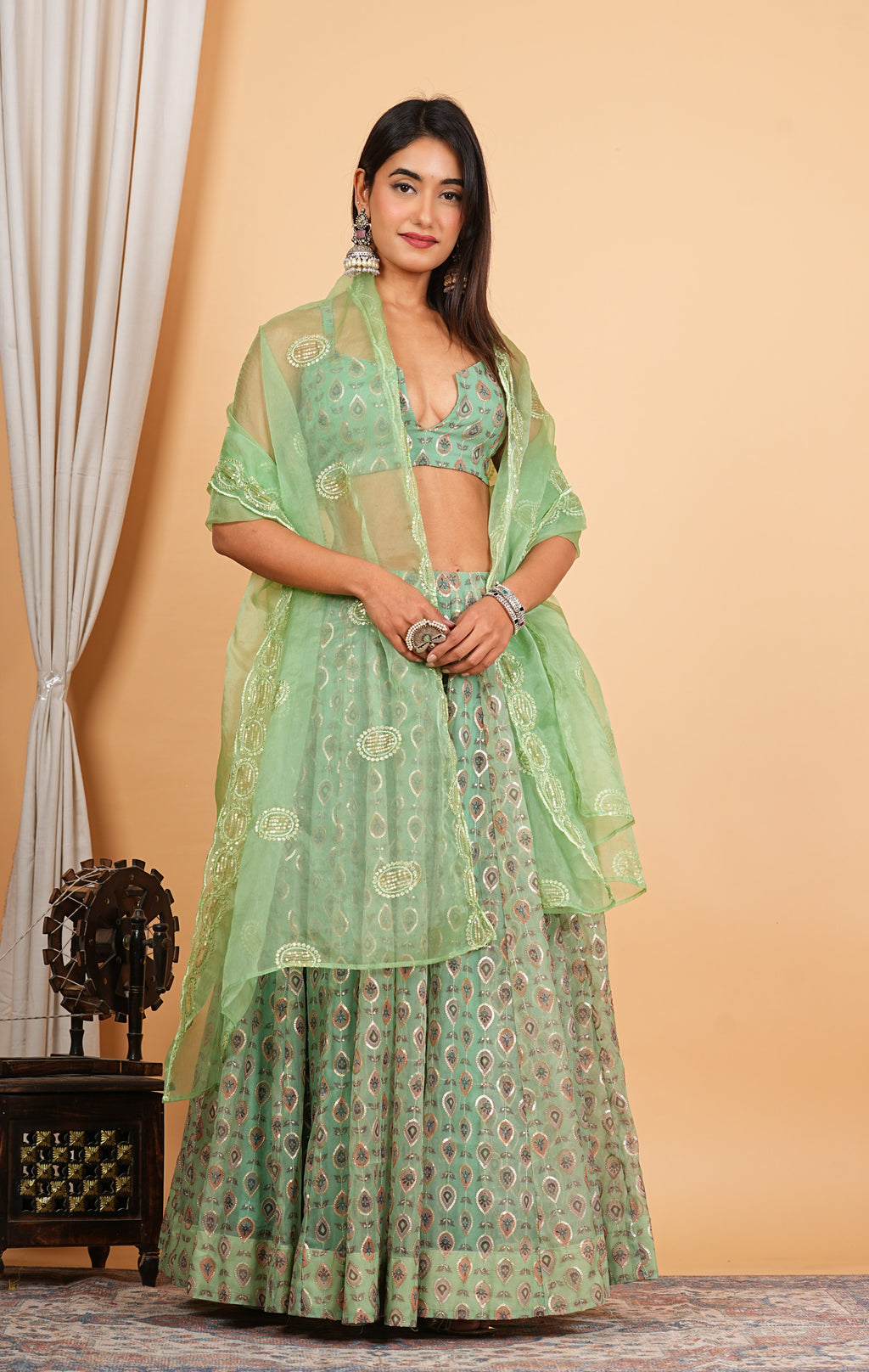 Green Digital Printed, Sequins Embroidery Work Organza Lehenga Set