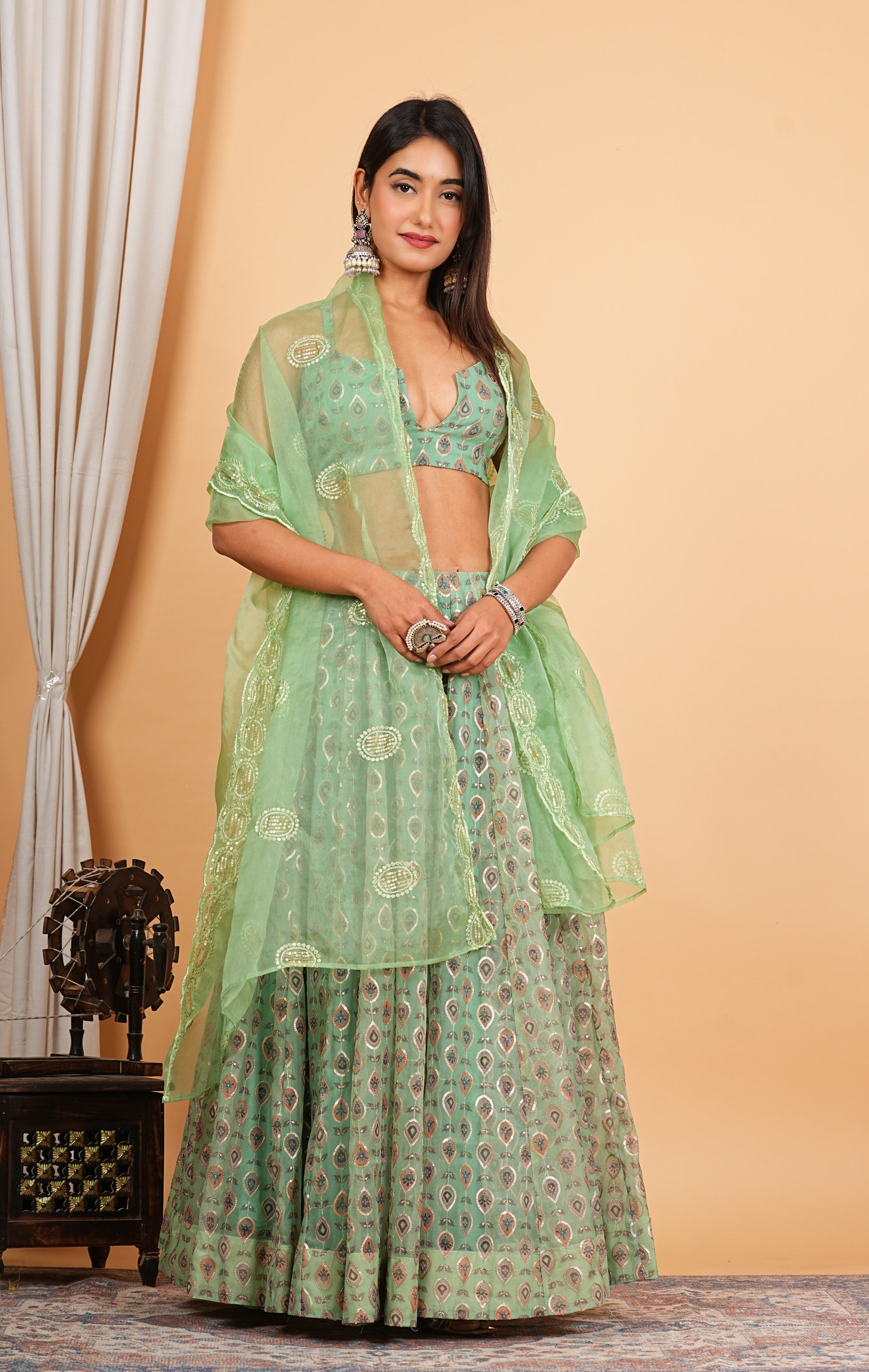 Green Digital Printed, Sequins Embroidery Work Organza Lehenga Set
