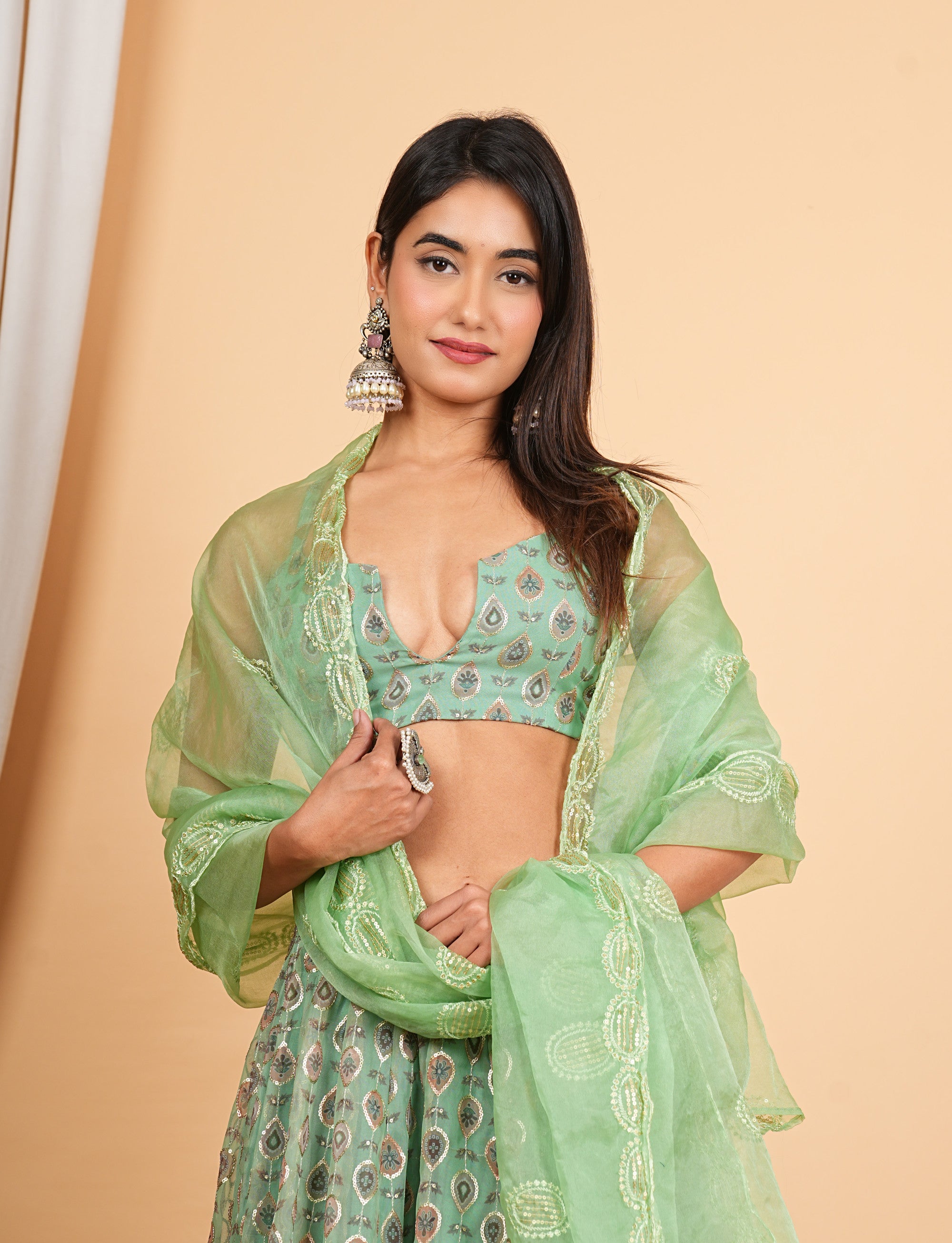 Green Digital Printed, Sequins Embroidery Work Organza Lehenga Set
