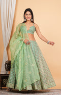 Green Digital Printed, Sequins Embroidery Work Organza Lehenga Set