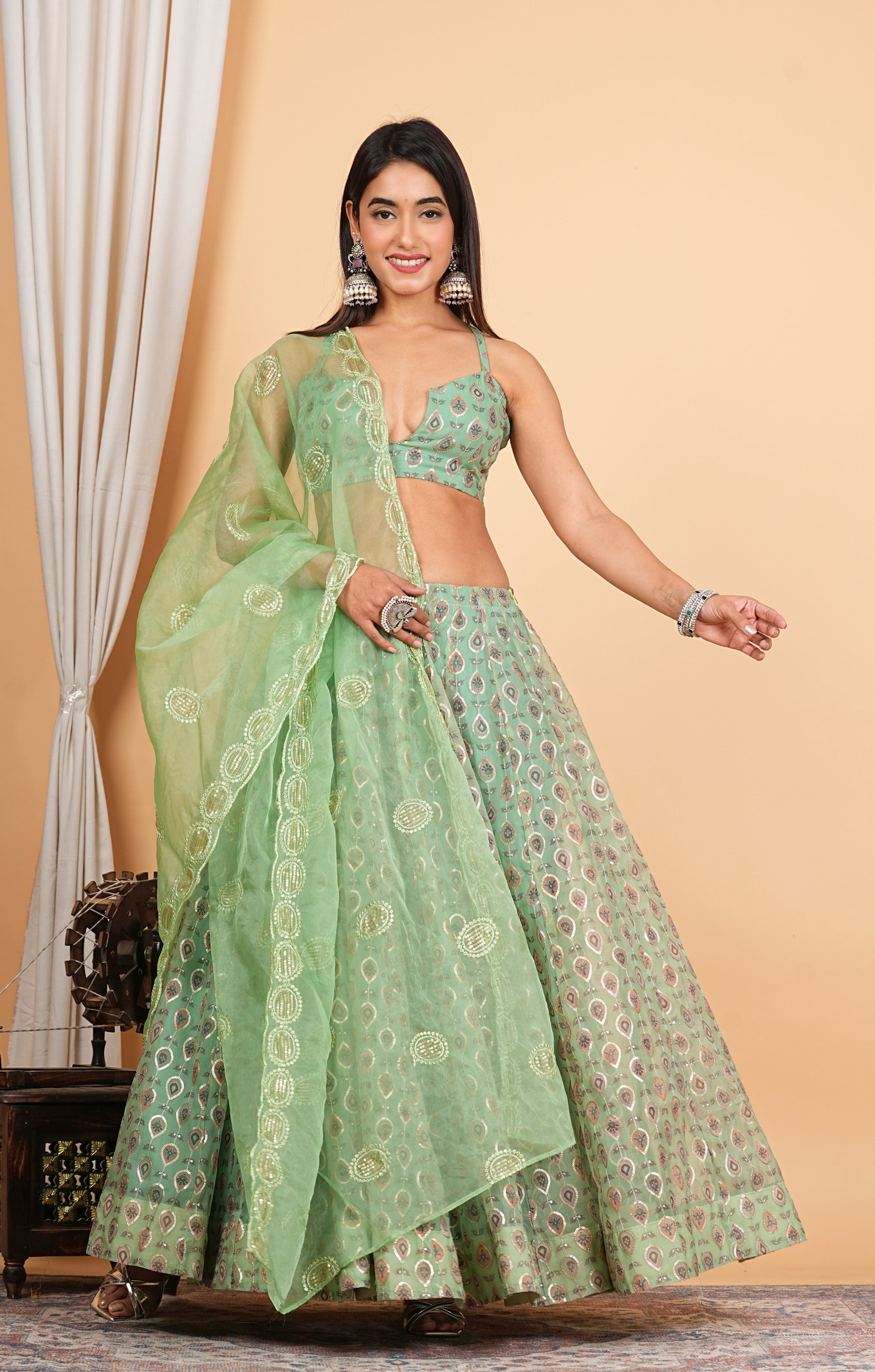 Green Digital Printed, Sequins Embroidery Work Organza Lehenga Set