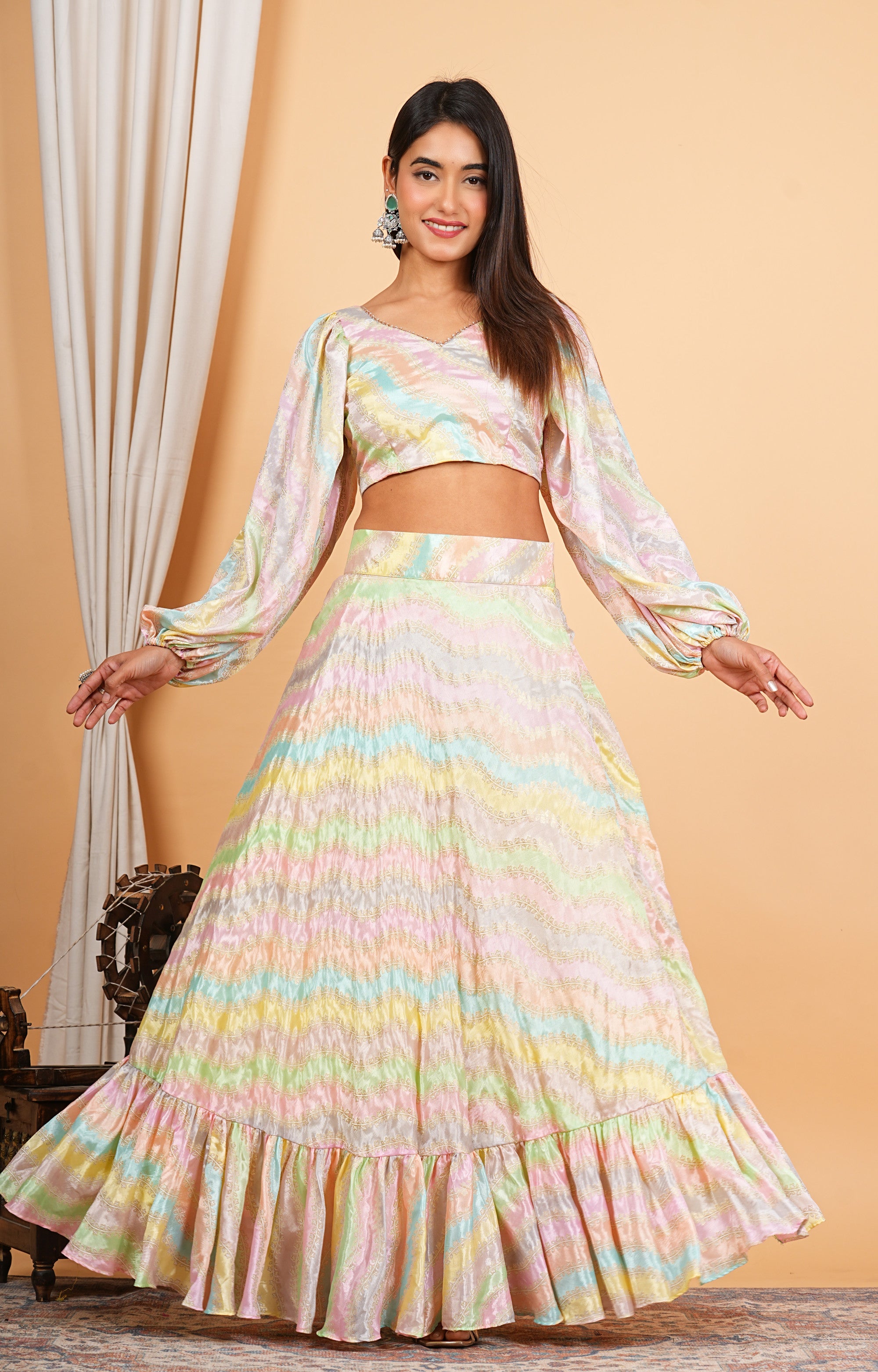 Multi Color Digital Printed Chinon Lehenga Set