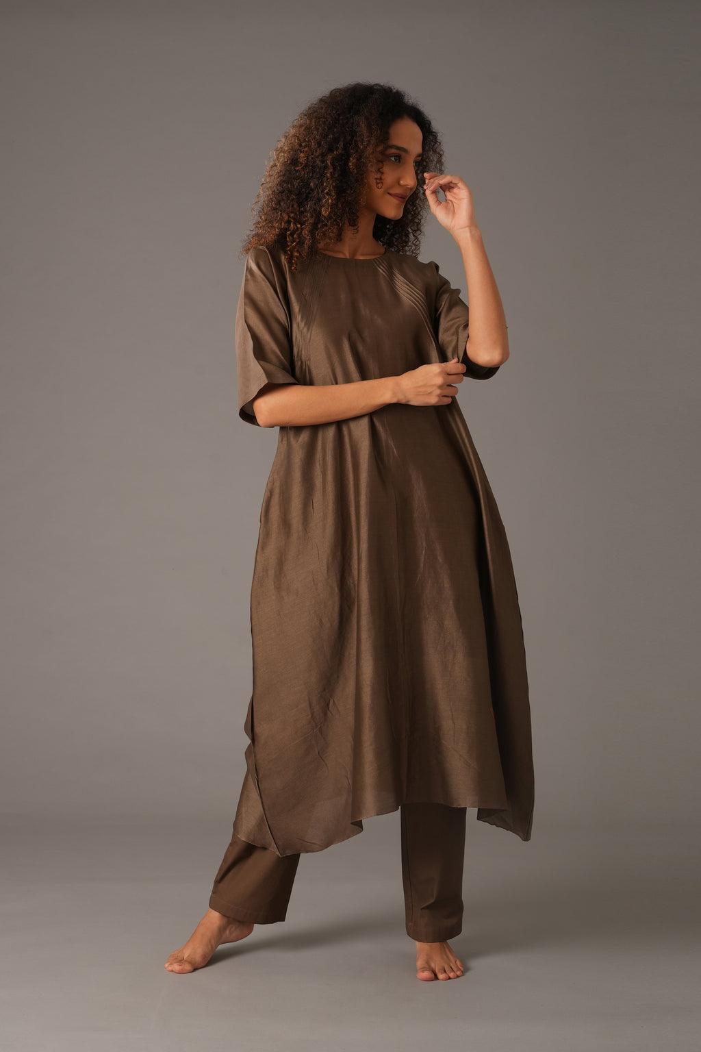 Olive Round Neck Piping Dress Co-ord