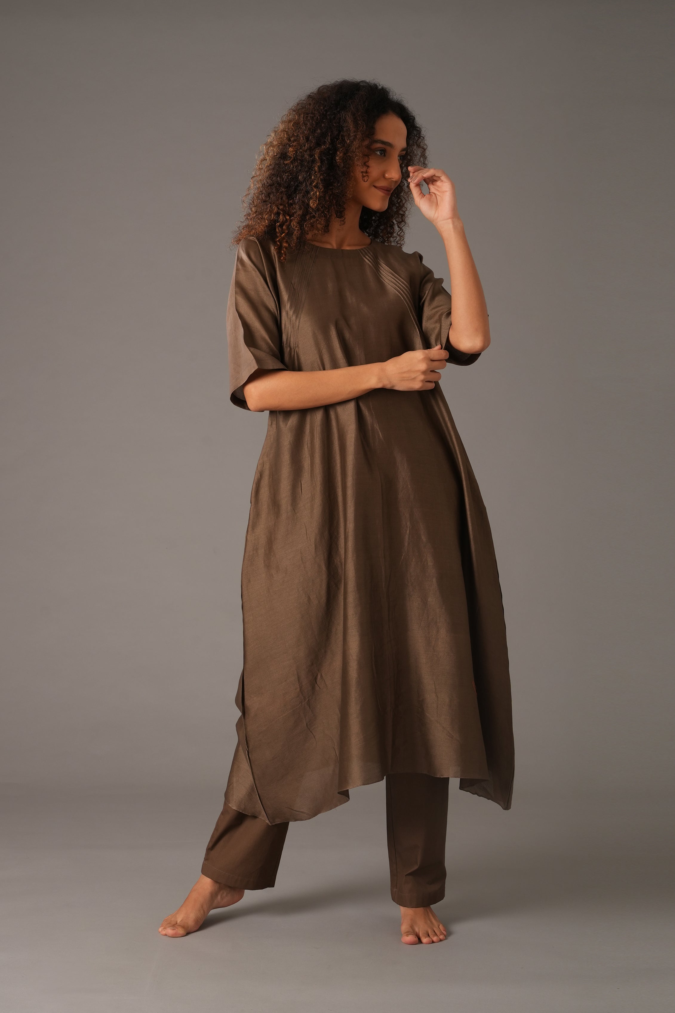 Olive Round Neck Piping Dress Co-ord