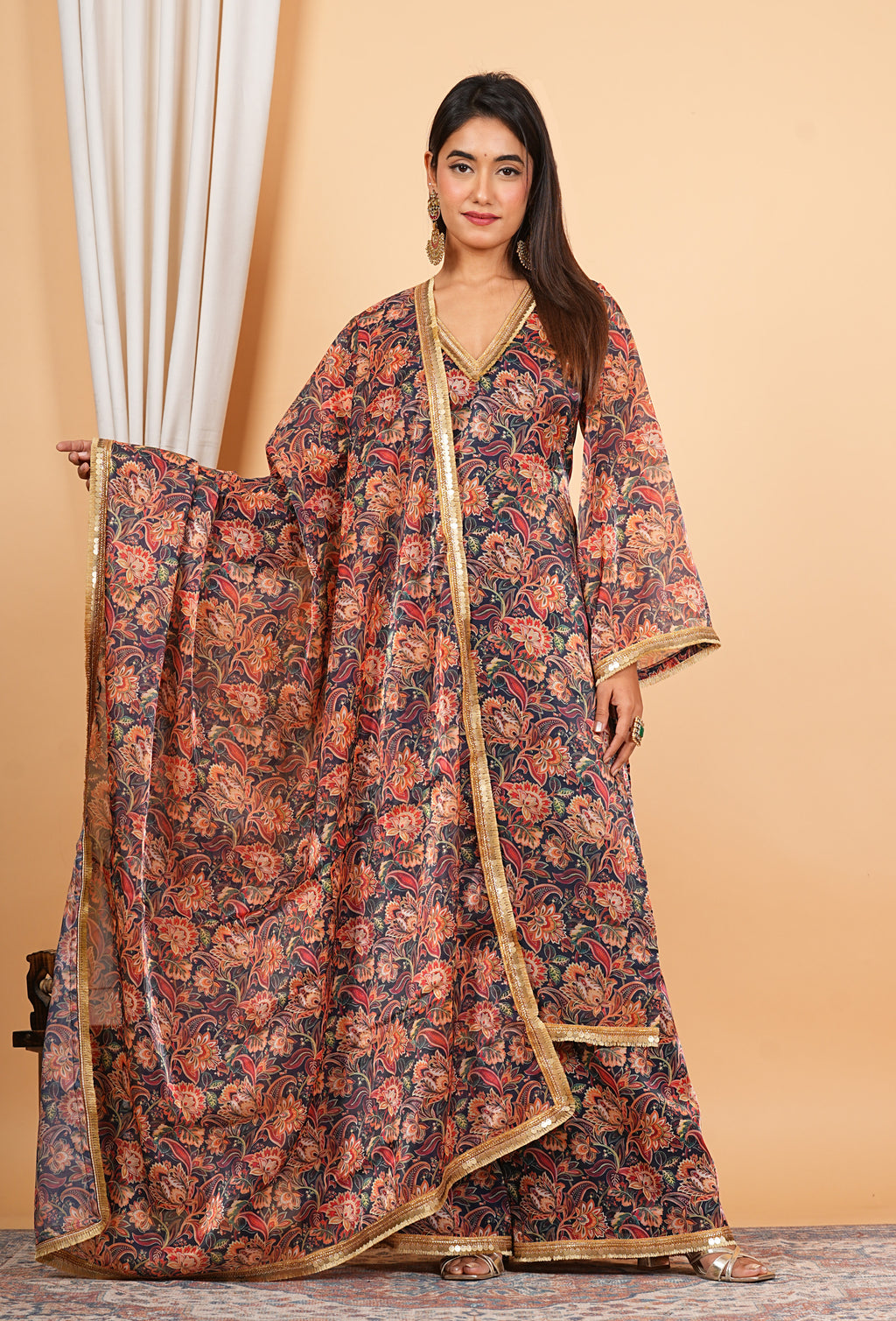 Brown Printed Kaftan Style Salwar Suit