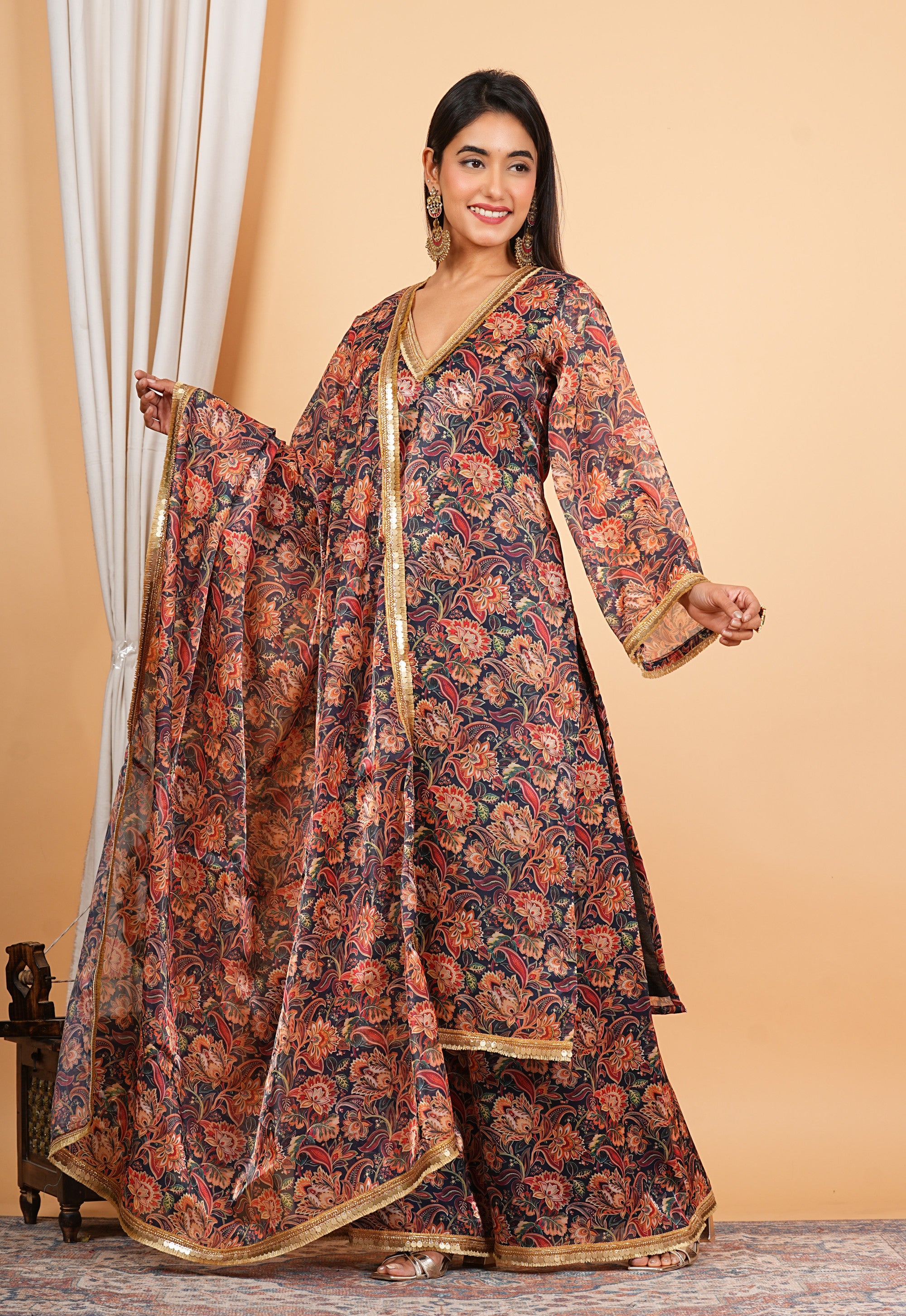 Brown Printed Kaftan Style Salwar Suit