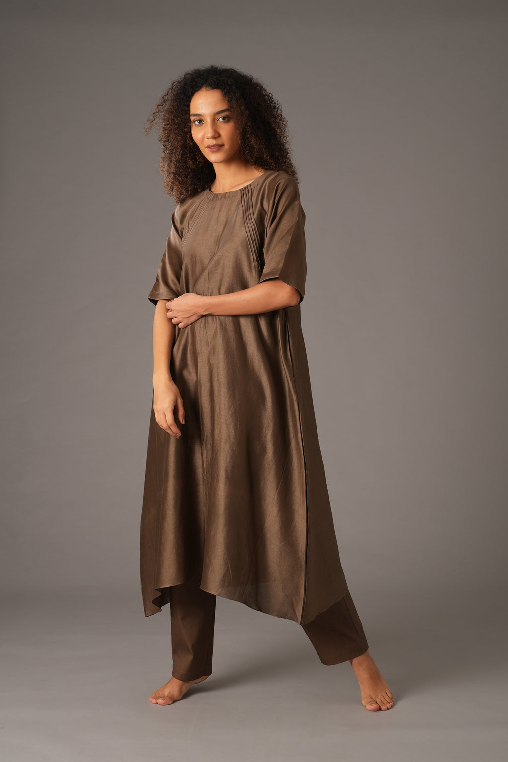 Olive Round Neck Piping Dress Co-ord