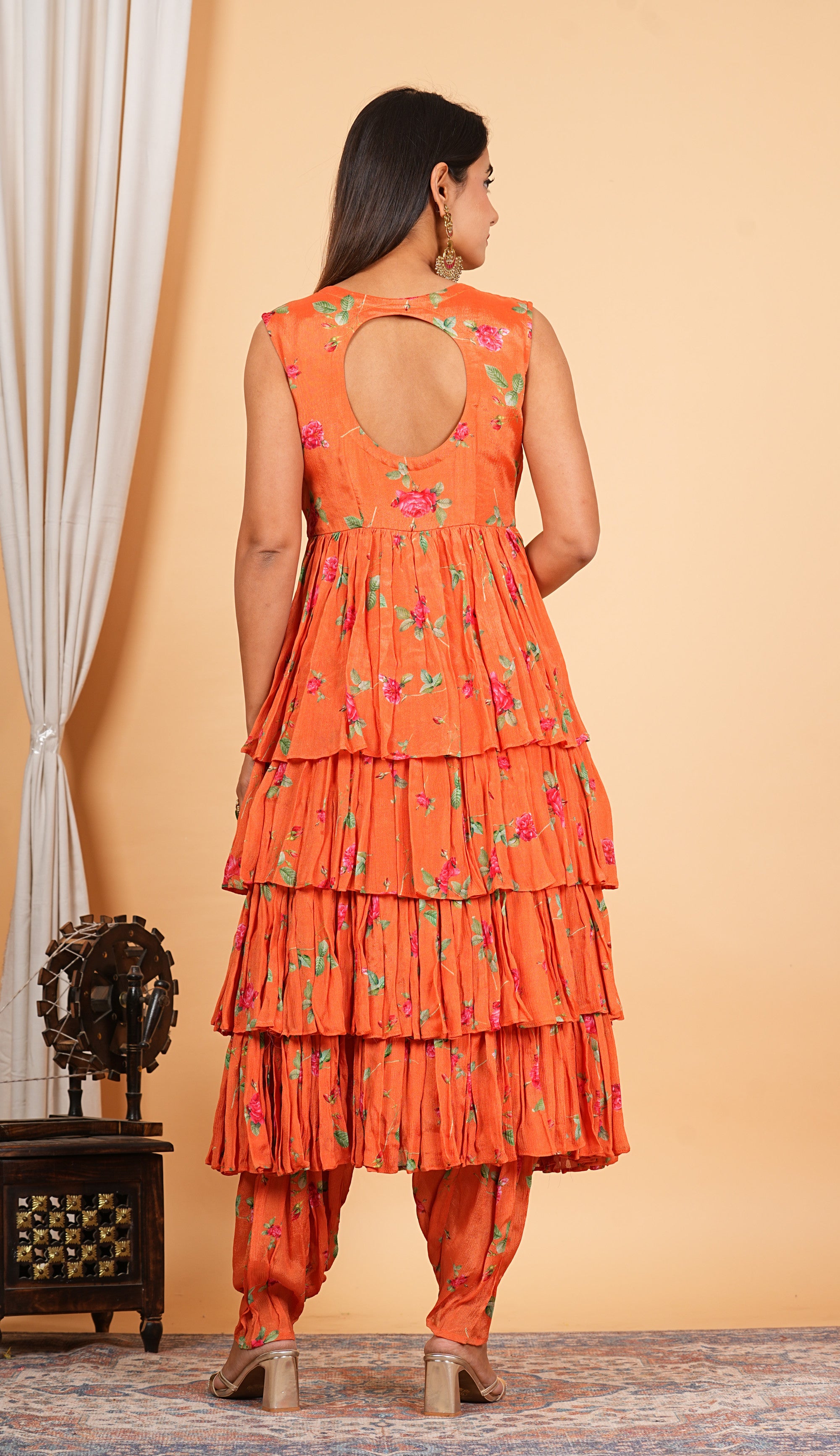 Orange Chinon Printed Layered Anarkali With Dhoti Style Pant