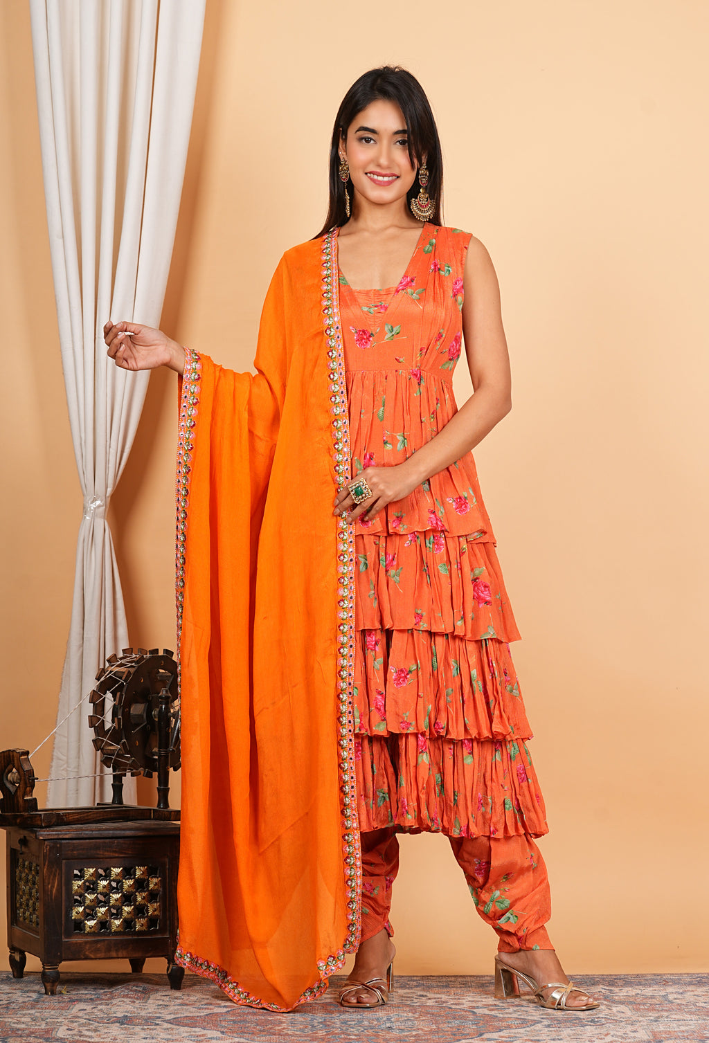 Orange Chinon Printed Layered Anarkali With Dhoti Style Pant